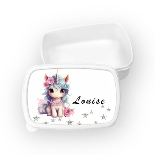 Lunchbox met naam | Unicorn met zilveren sterren