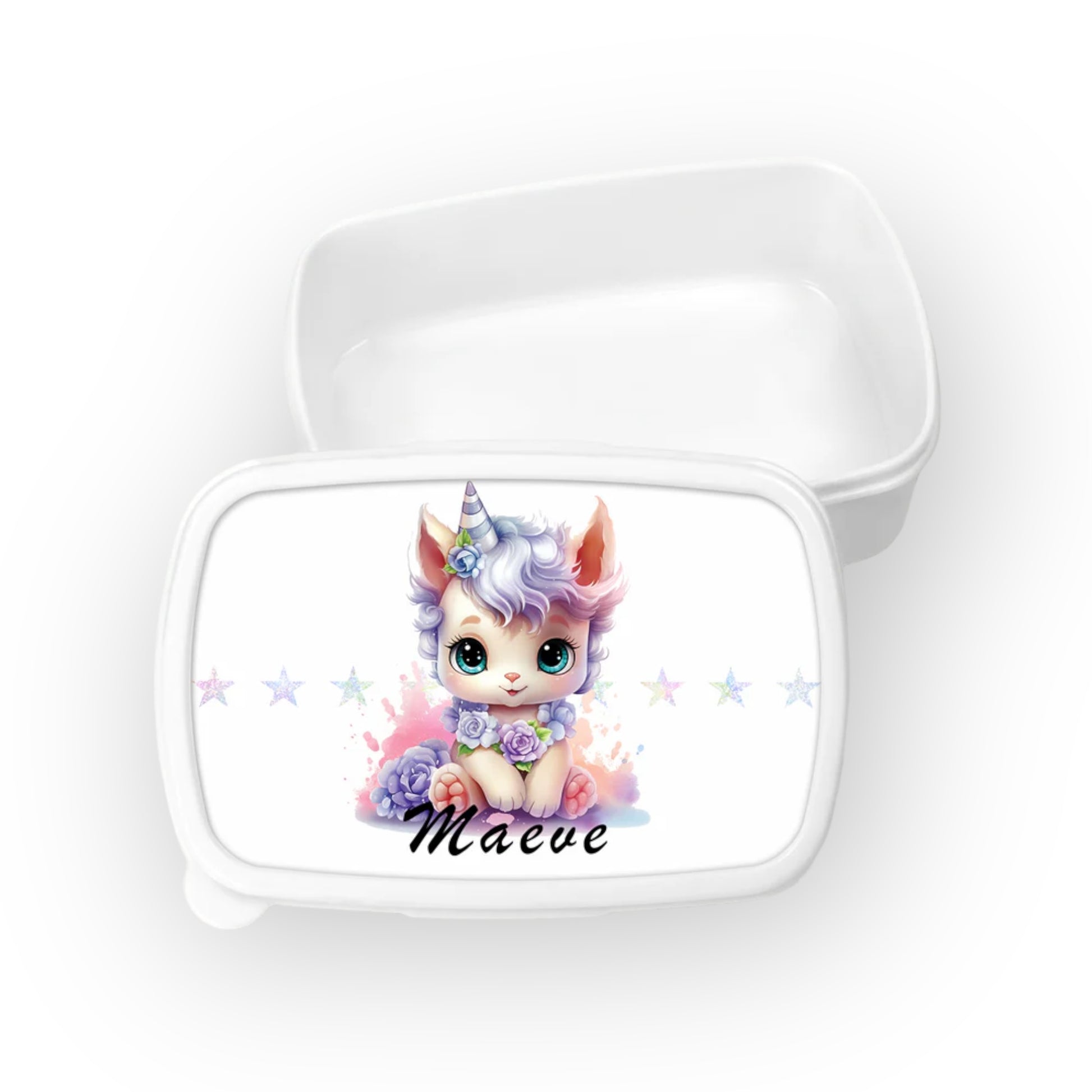 Lunchbox met naam | Unicorn met regenboog sterren